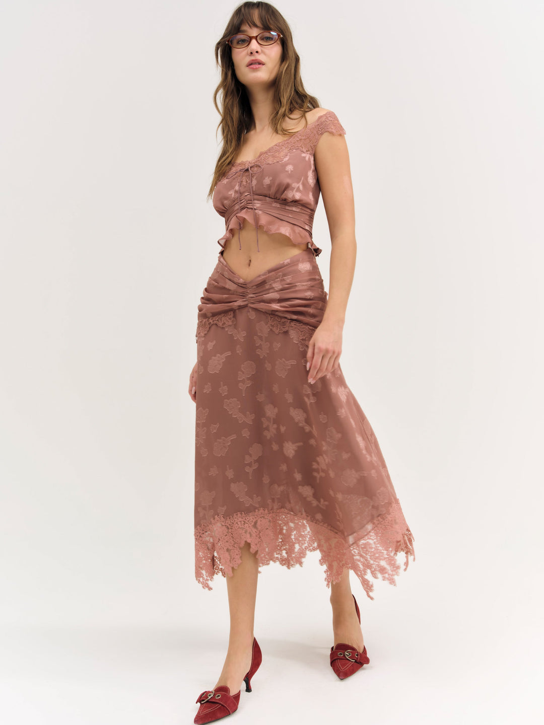 For Love and Lemons Colette Satin Burnout Top - Mahogany