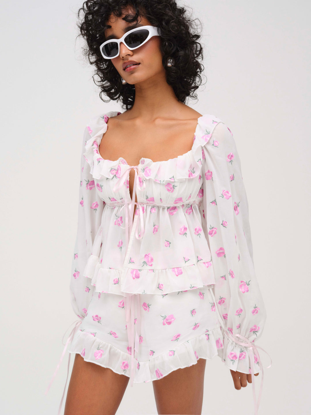 For Love and Lemons Fiona Floral Top - White