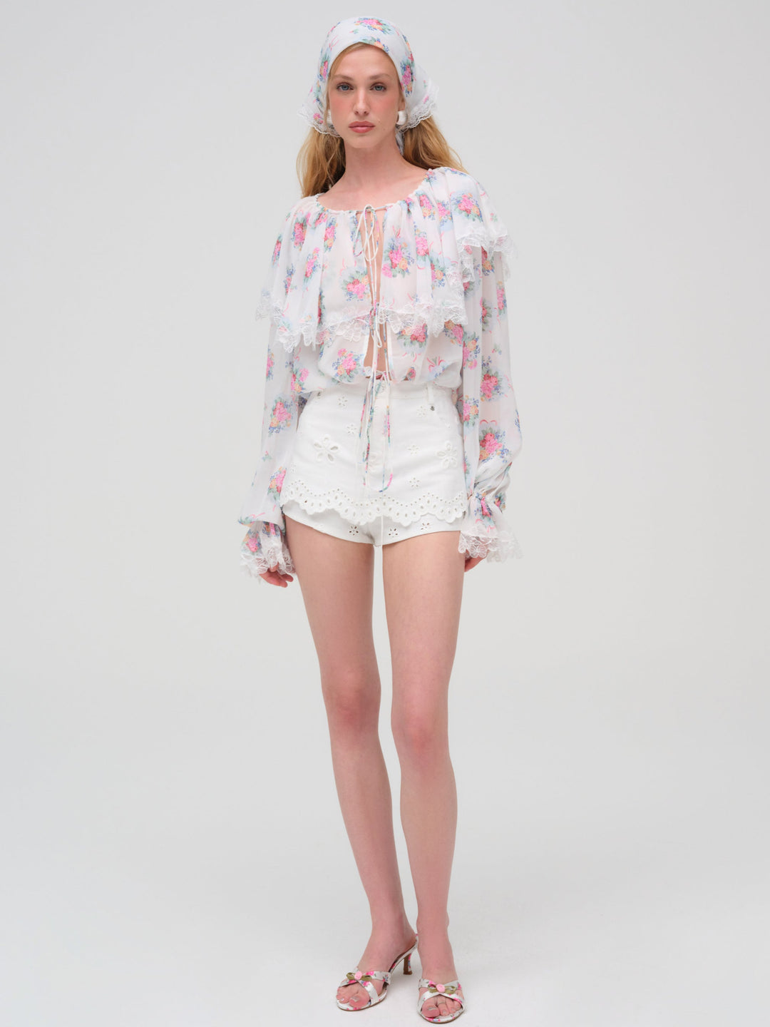 For Love and Lemons Doily Bouquet Long Sleeve Top - White