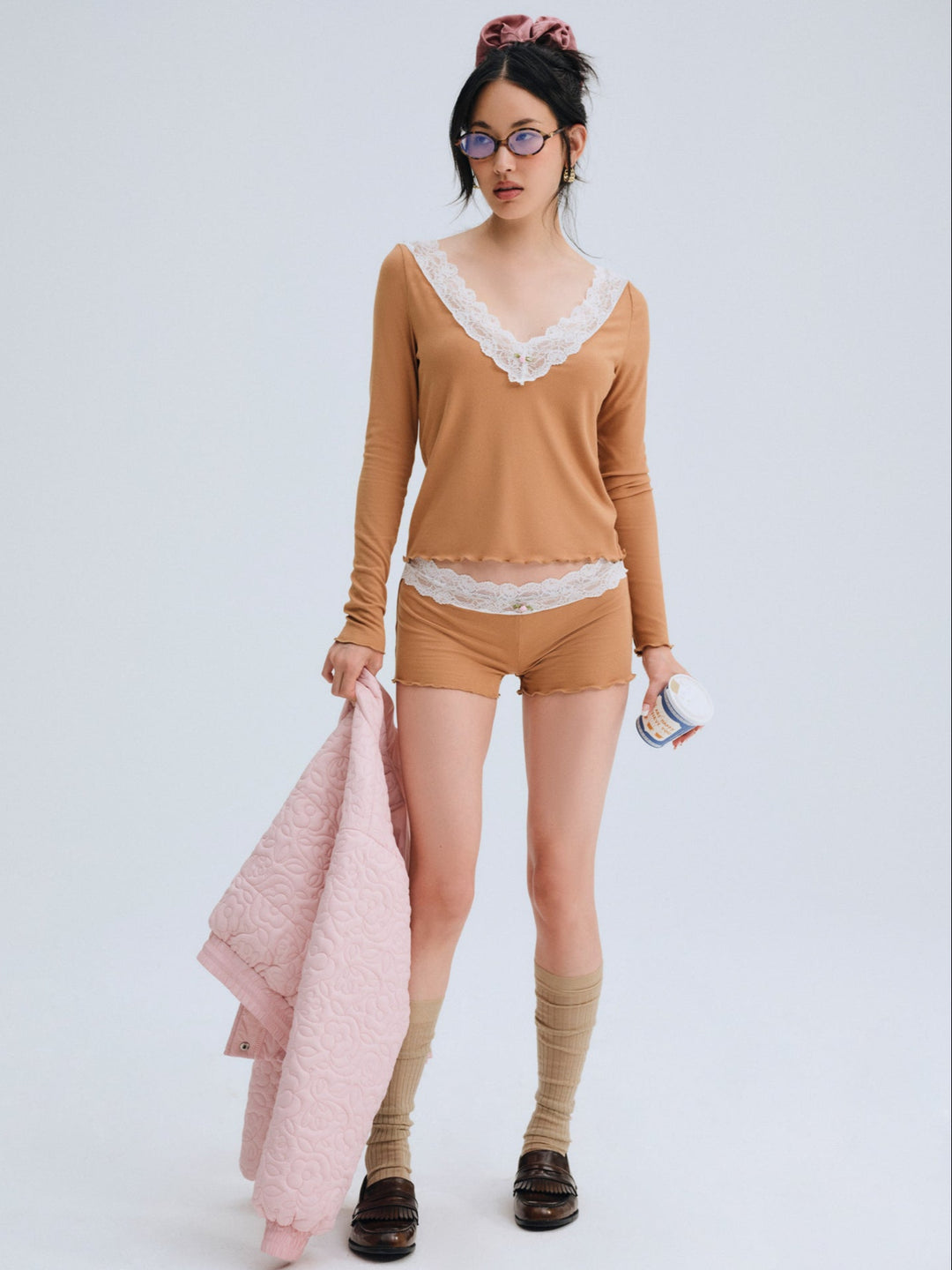 For Love and Lemons Eisley Ribbed Knit Top - Brown