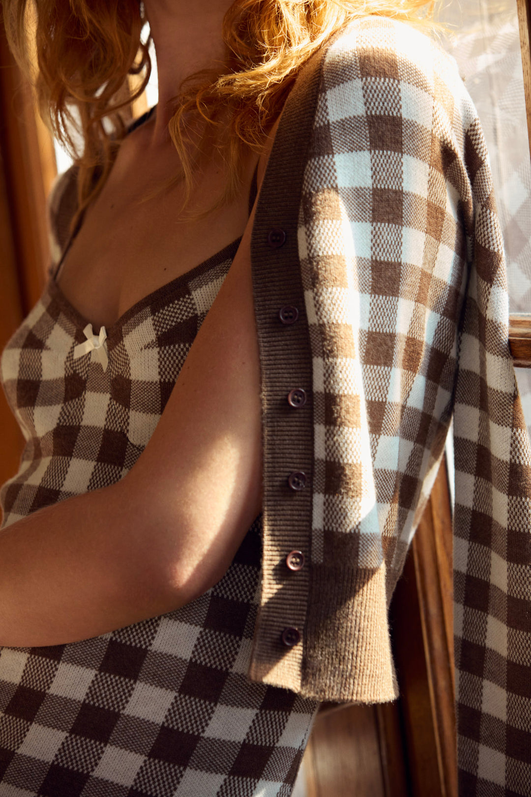 For Love and Lemons Gingham Knit Cardigan - Brown