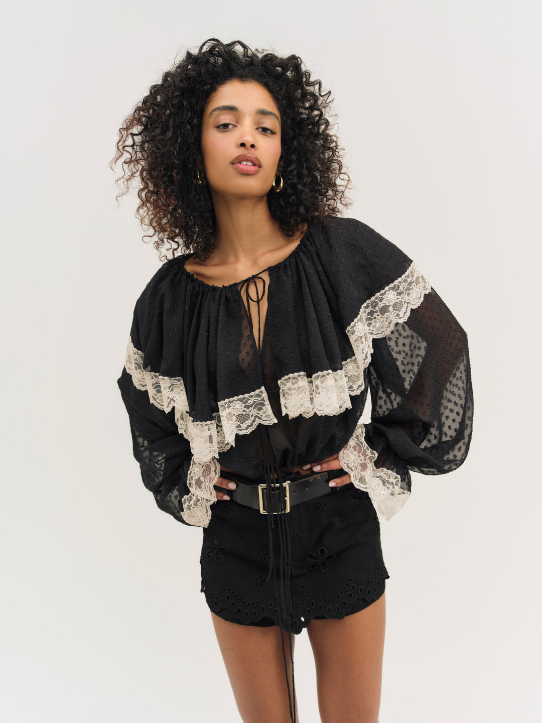 For Love and Lemons Daisy Eyelet Denim Skort - Black