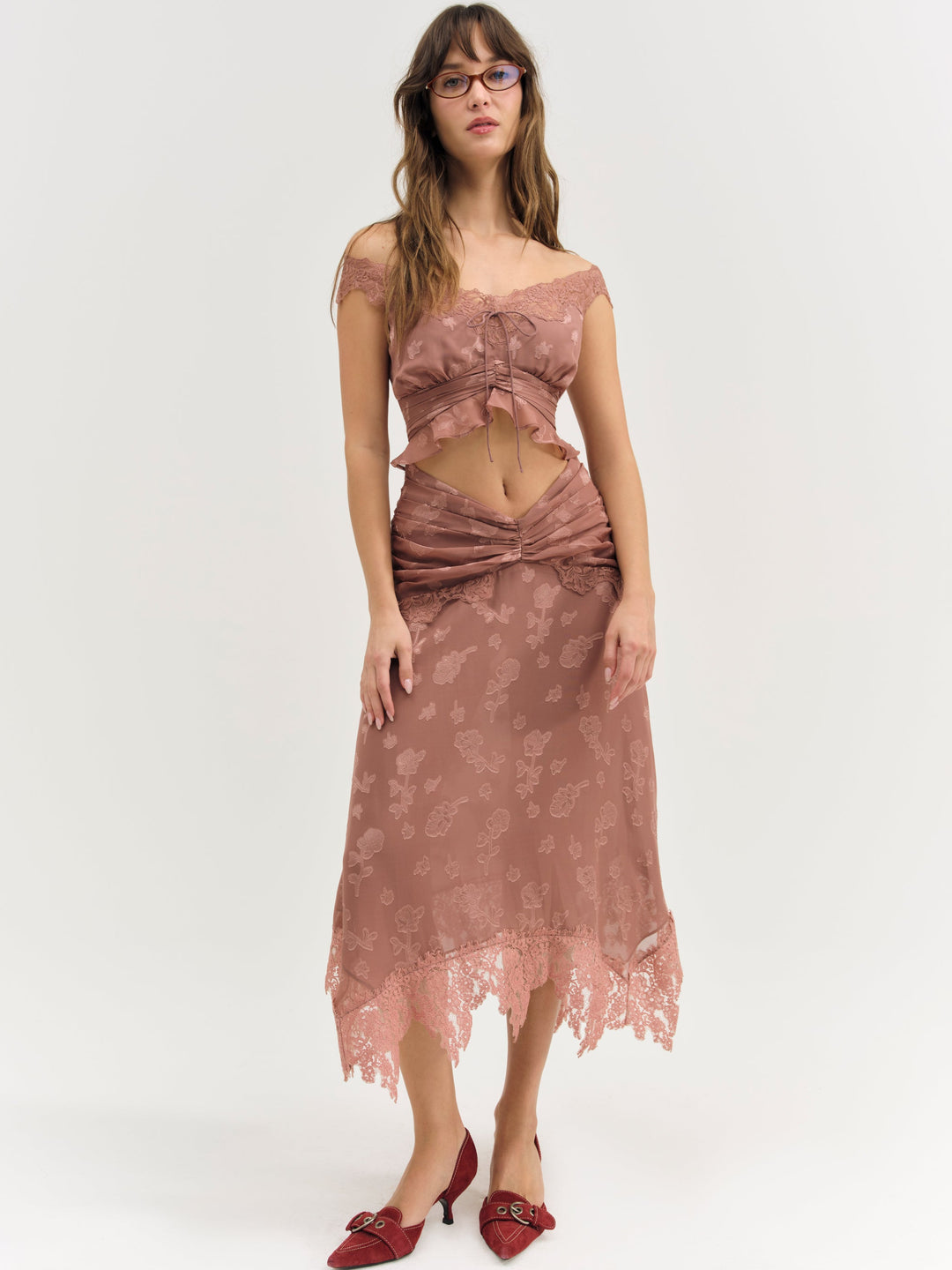 For Love and Lemons Colette Satin Burnout Midi Skirt - Mahogany