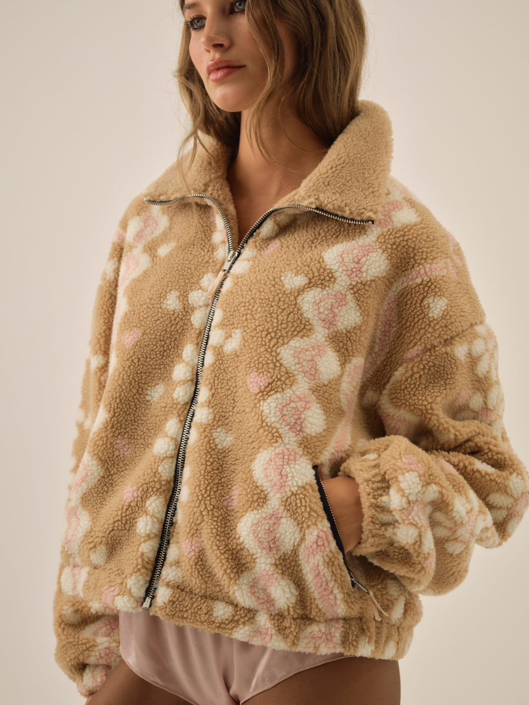 For Love and Lemons Betty Sherpa Zip Up - Pink