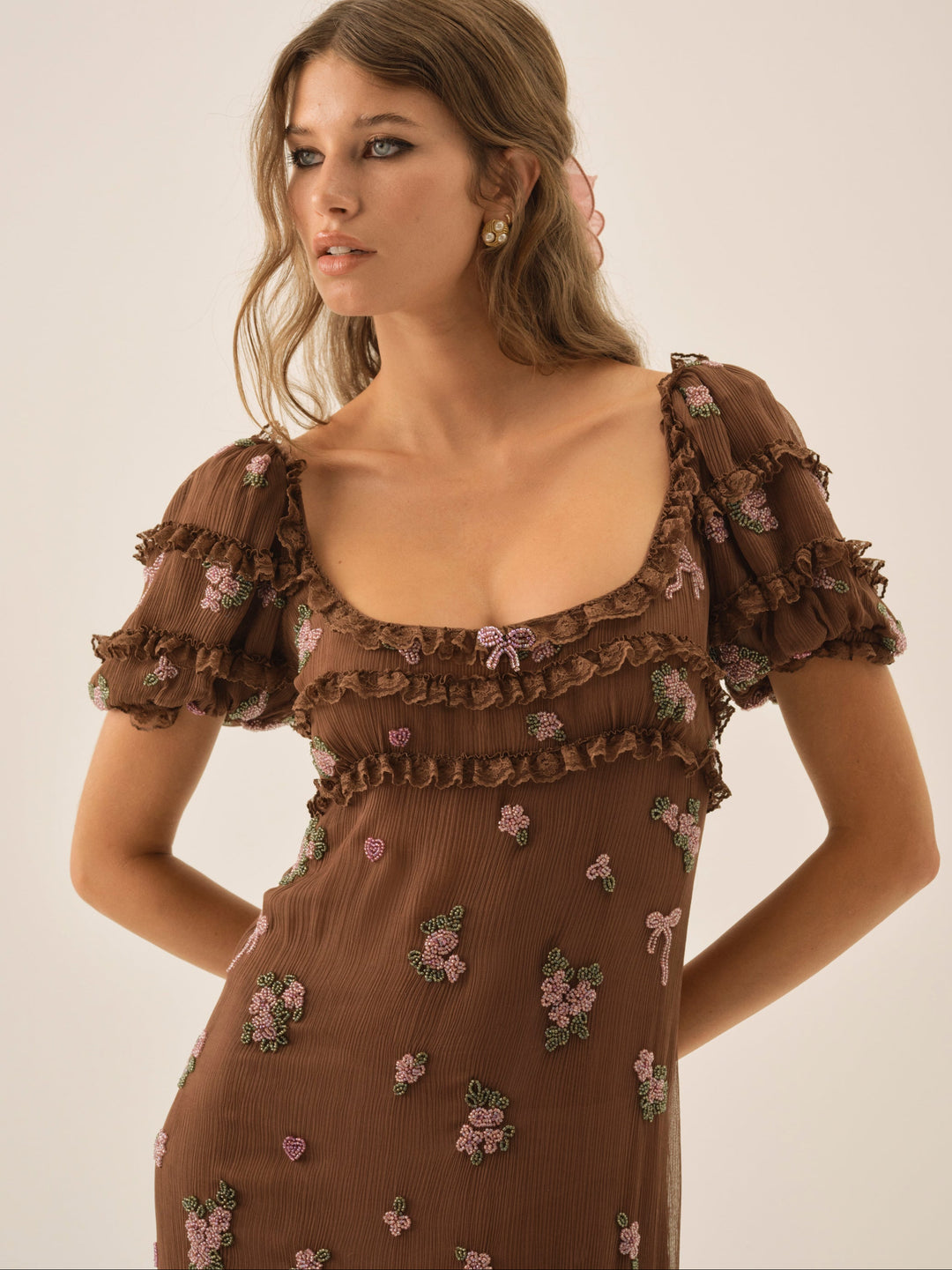 For Love and Lemons Beaded Garden Bow Maxi Dress - Brown