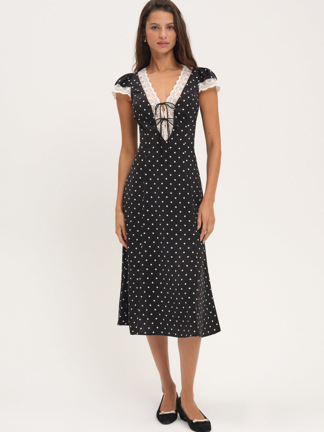 For Love and Lemons Cross Your Heart Midi Dress - Black Dot