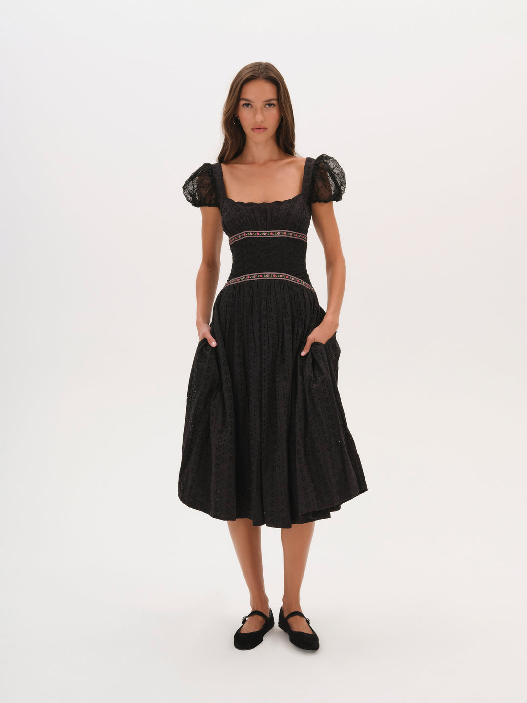For Love and Lemons Verbana Eyelet Midi Dress - Black