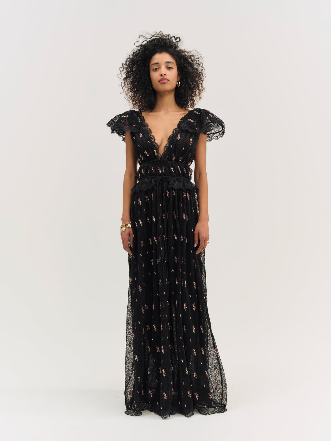 For Love and Lemons Poppy Pleated Lace Maxi Dress - Black