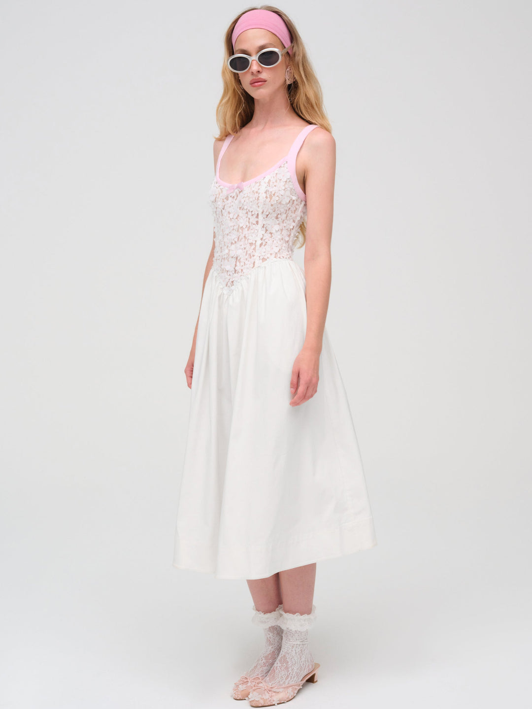 For Love and Lemons Stacked Blossom Lace Midi Dress - White