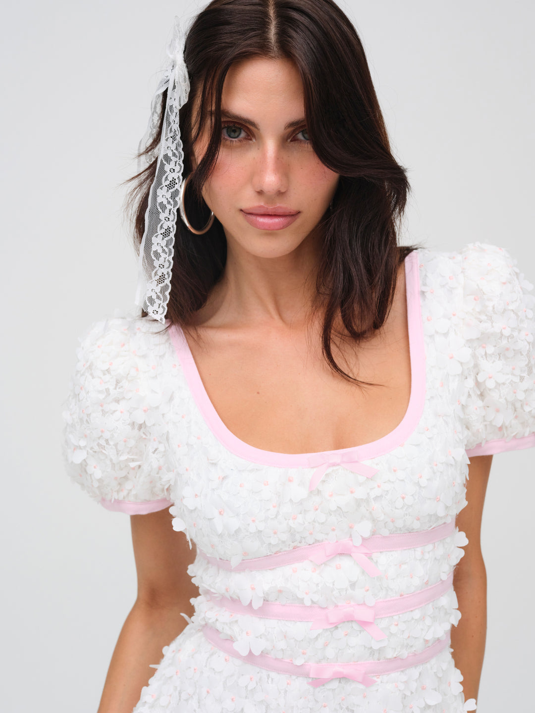 For Love and Lemons Stacked Blossom Lace Mini Dress - White