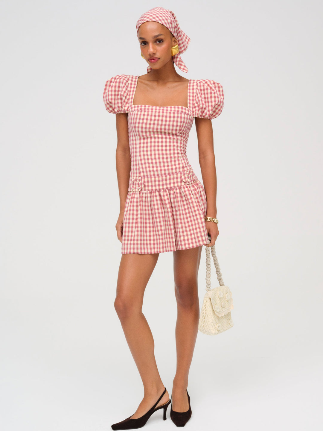 For Love and Lemons Georgia Gingham Short Sleeve Mini Dress - Mauve