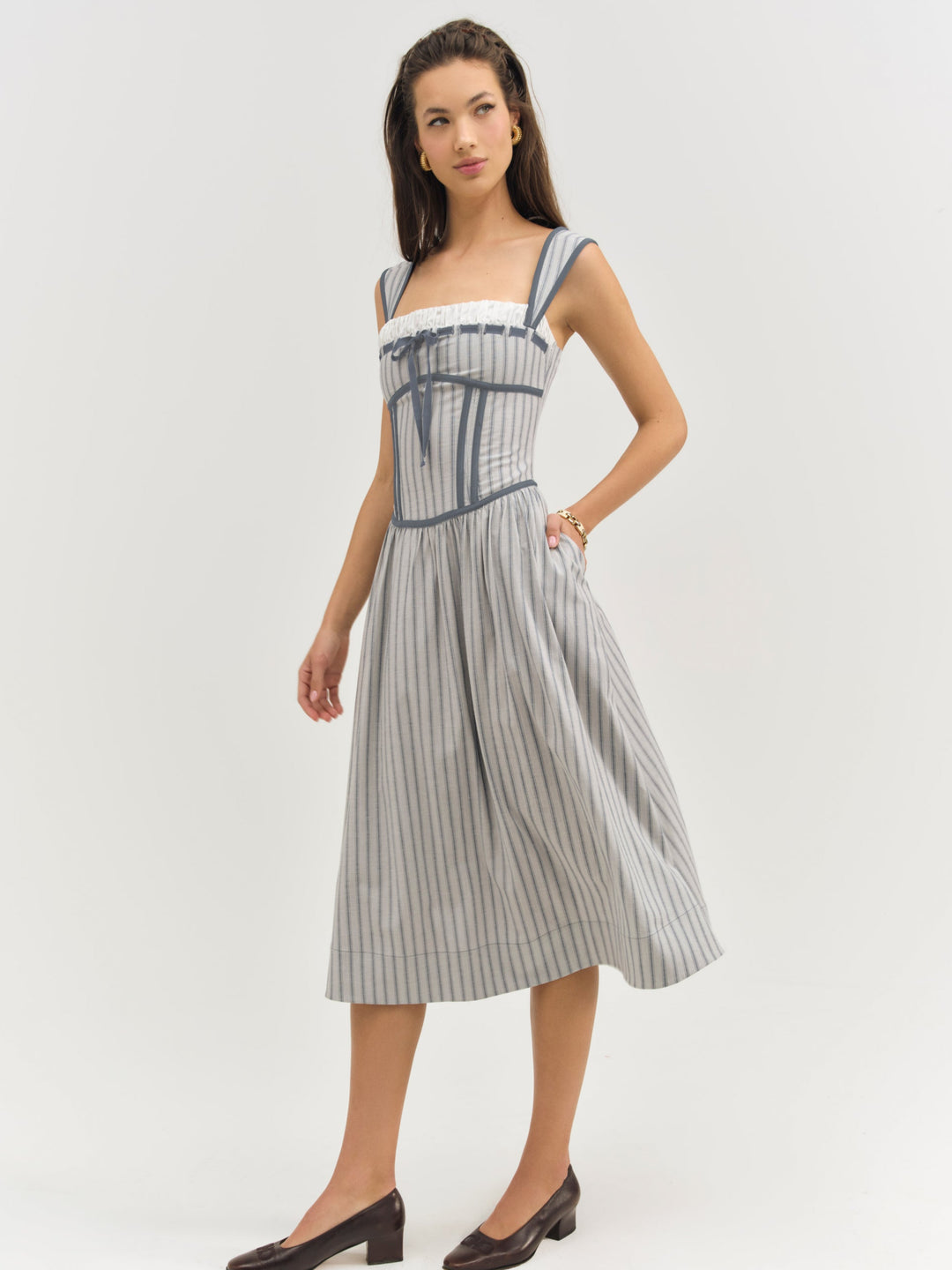 For Love and Lemons Linen Stripe Midi Dress - Blue
