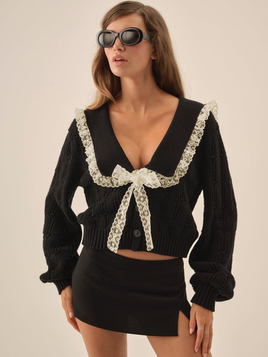 For Love and Lemons - Frenchy Pointelle Knit Cardigan - Black