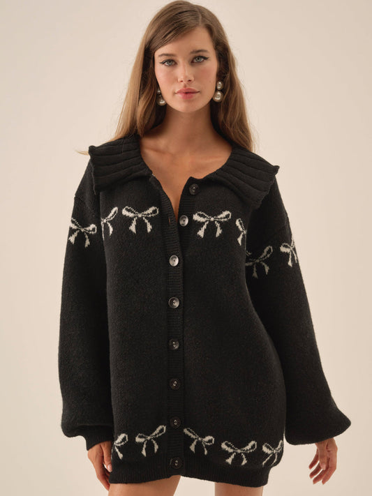 For Love and Lemons - Bow Intarsia Knit Sweater - Black