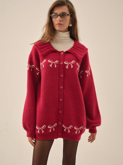 For Love and Lemons - Bow Intarsia Knit Sweater - Red