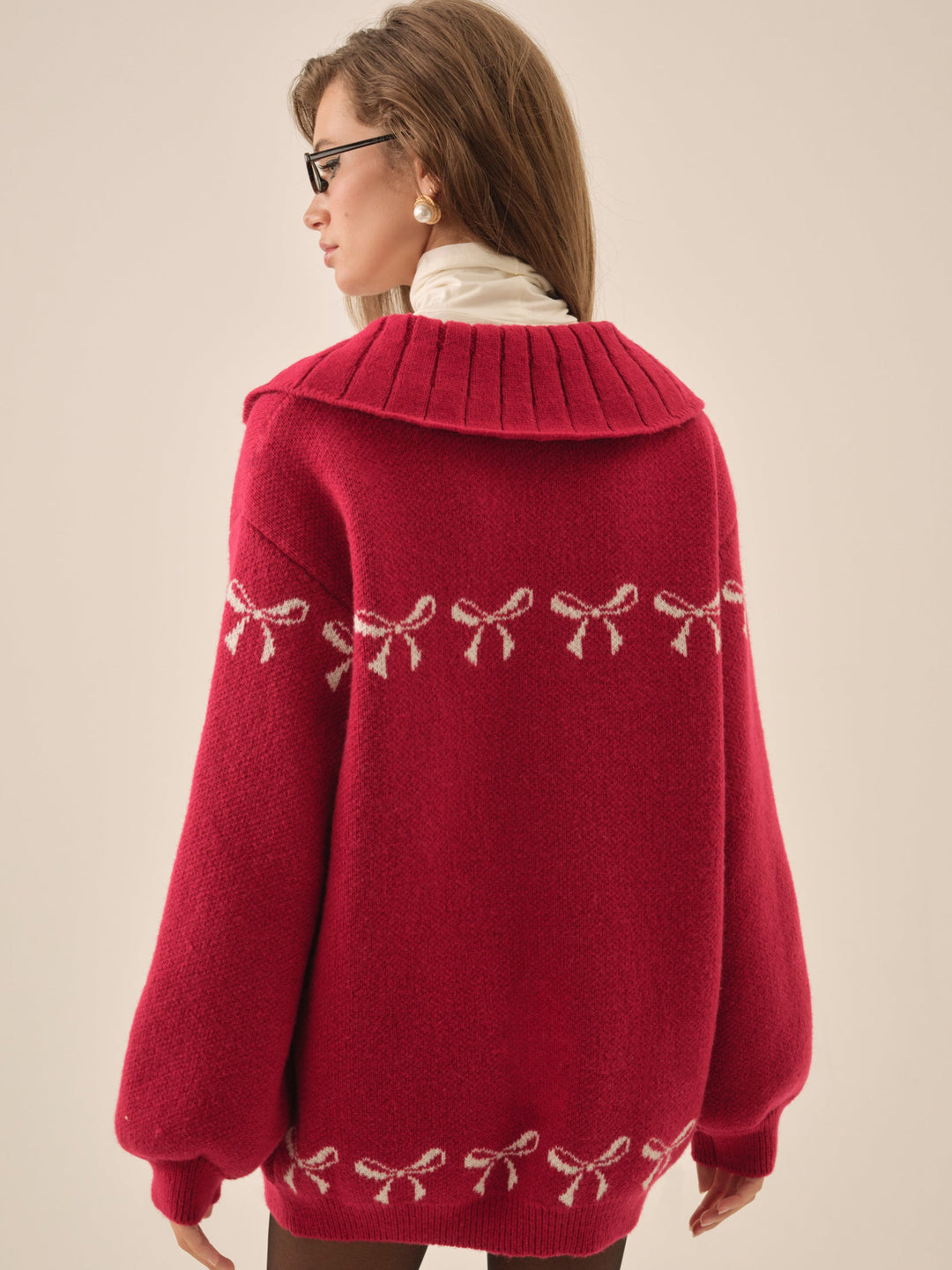 For Love and Lemons - Bow Intarsia Knit Sweater - Red
