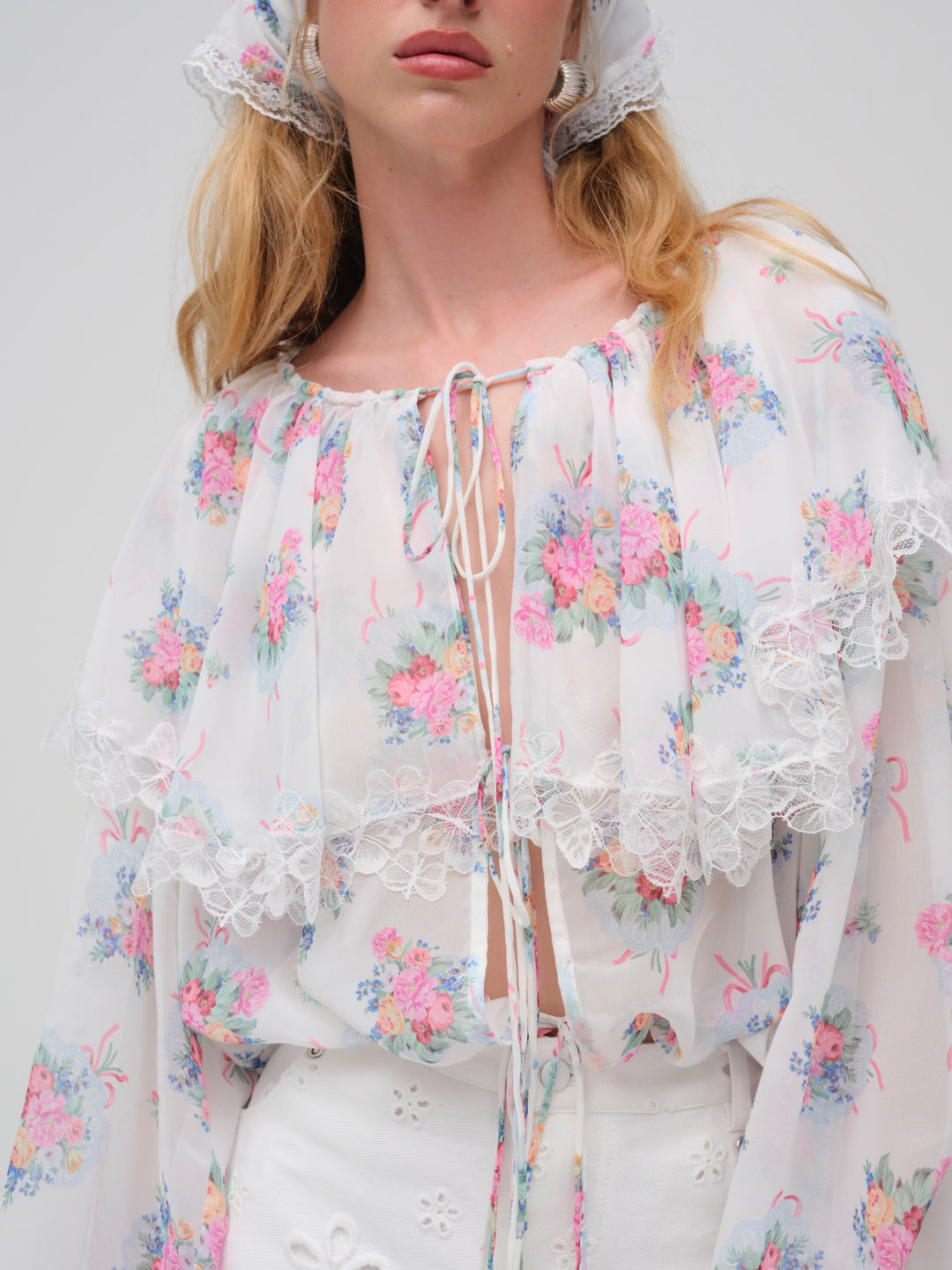 For Love and Lemons - Doily Bouquet Long Sleeve Top - White