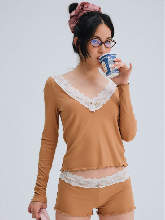 For Love and Lemons - Eisley Ribbed Knit Top - Brown