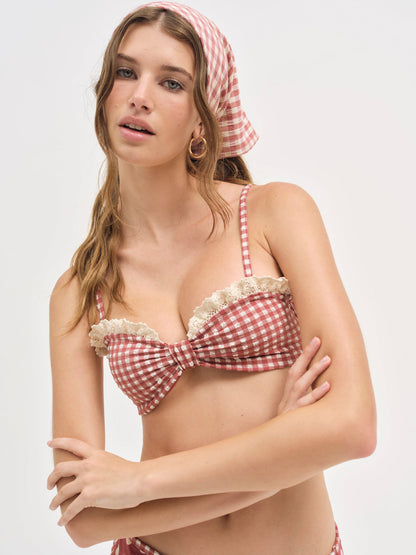 For Love and Lemons - Gingham Bandeau Bikini Top - Red