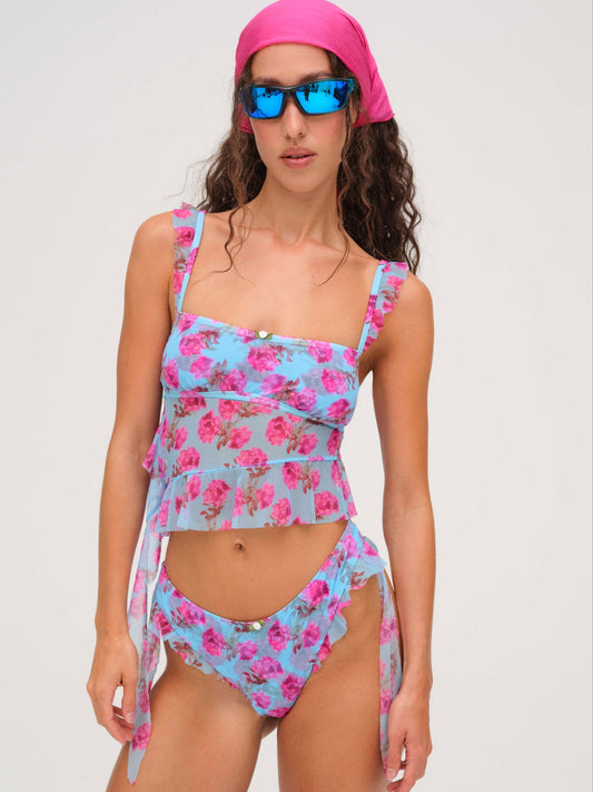 For Love and Lemons - Floral Stems Ruffle Tankini - Blue
