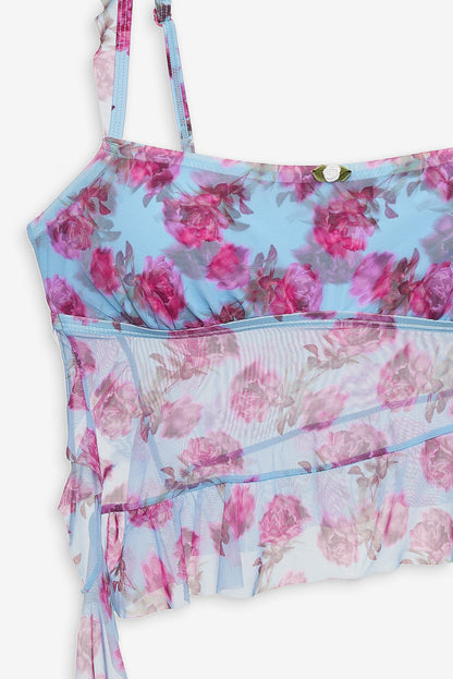 For Love and Lemons - Floral Stems Ruffle Tankini - Blue