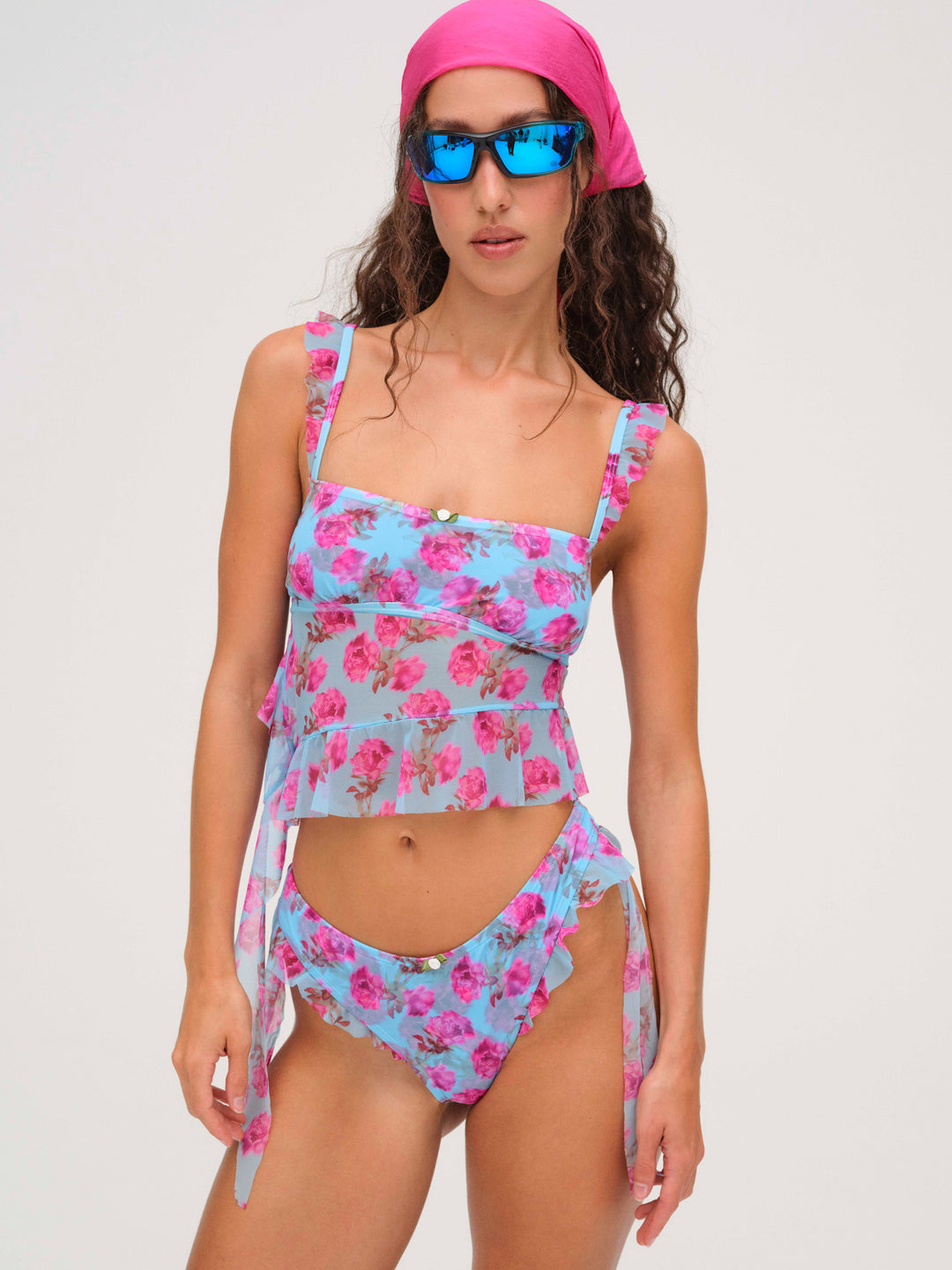 For Love and Lemons - Floral Stems Ruffle Bikini Bottom - Blue