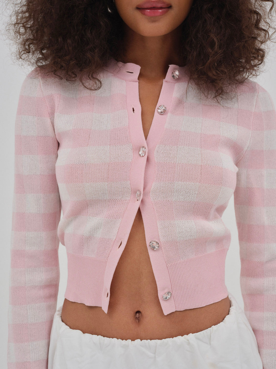 For Love and Lemons - Brushed Gingham Knit Cardigan - Pink