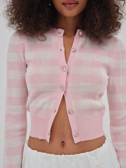 For Love and Lemons - Brushed Gingham Knit Cardigan - Pink