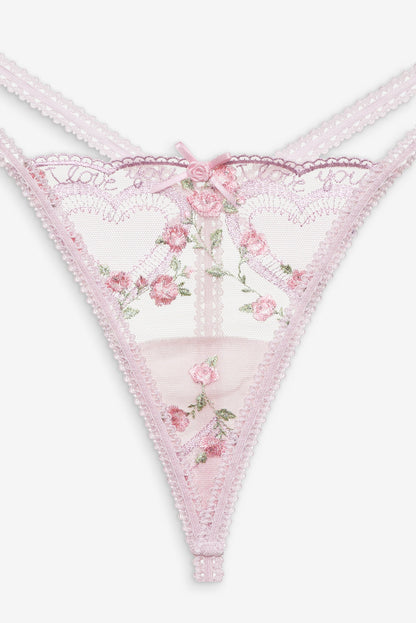 For Love and Lemons - Ily Embroidered Thong Panty - Pink