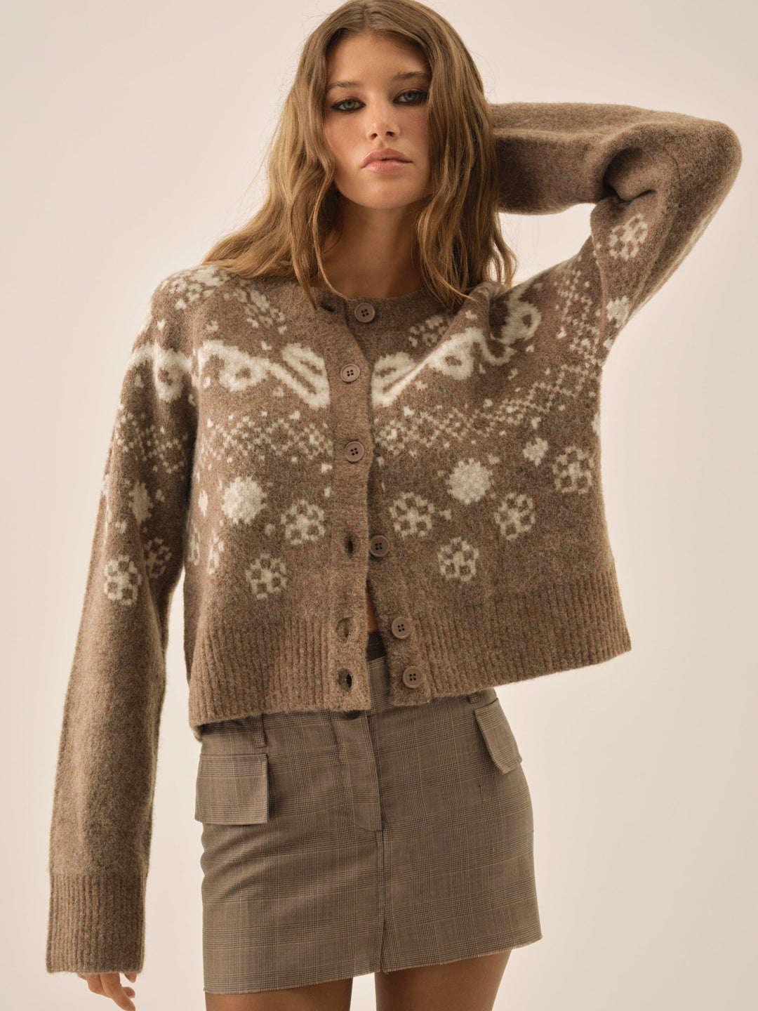 For Love and Lemons Arabella Intarsia Crewneck  Cardigan - Brown