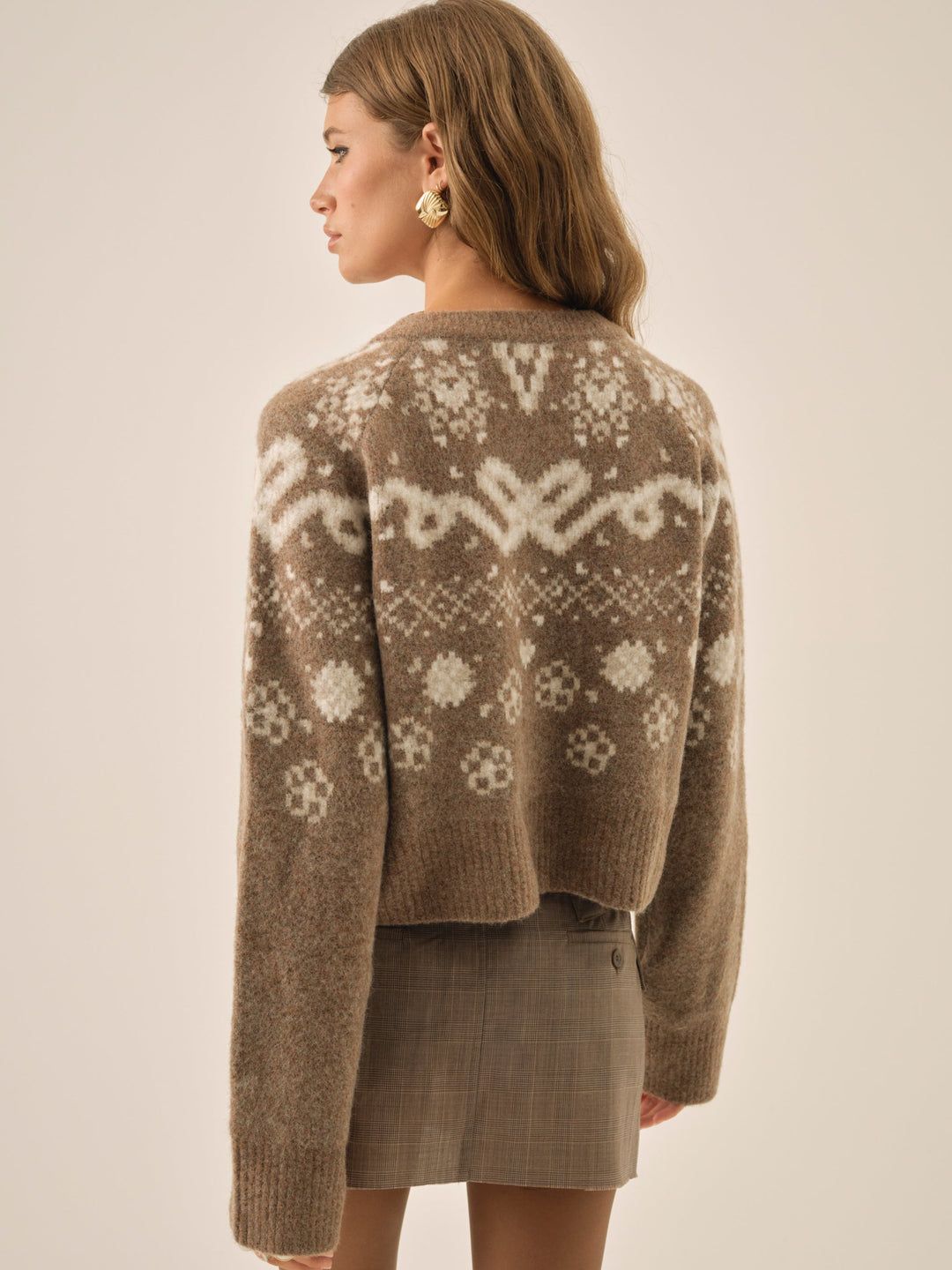 For Love and Lemons Arabella Intarsia Crewneck  Cardigan - Brown