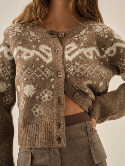For Love and Lemons Arabella Intarsia Crewneck  Cardigan - Brown