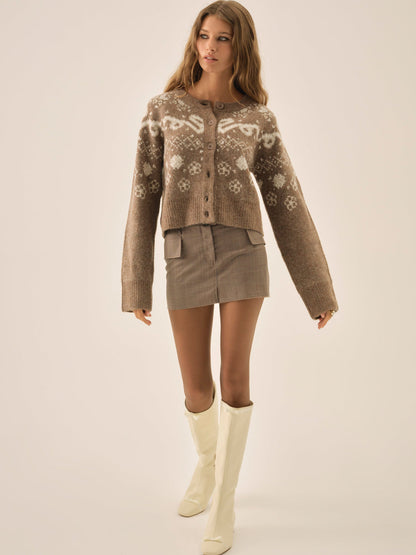 For Love and Lemons Arabella Intarsia Crewneck  Cardigan - Brown