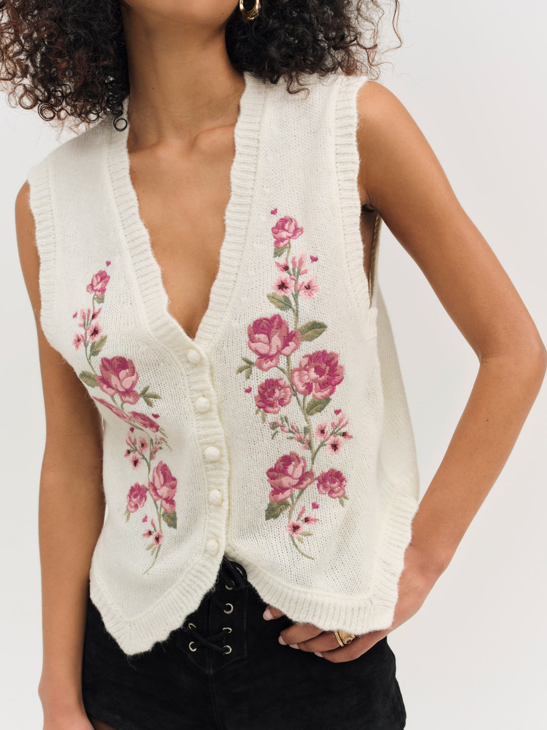 For Love and Lemons - Molly Embroidered Sweater Vest - Cream