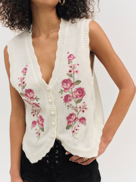For Love and Lemons - Molly Embroidered Sweater Vest - Cream