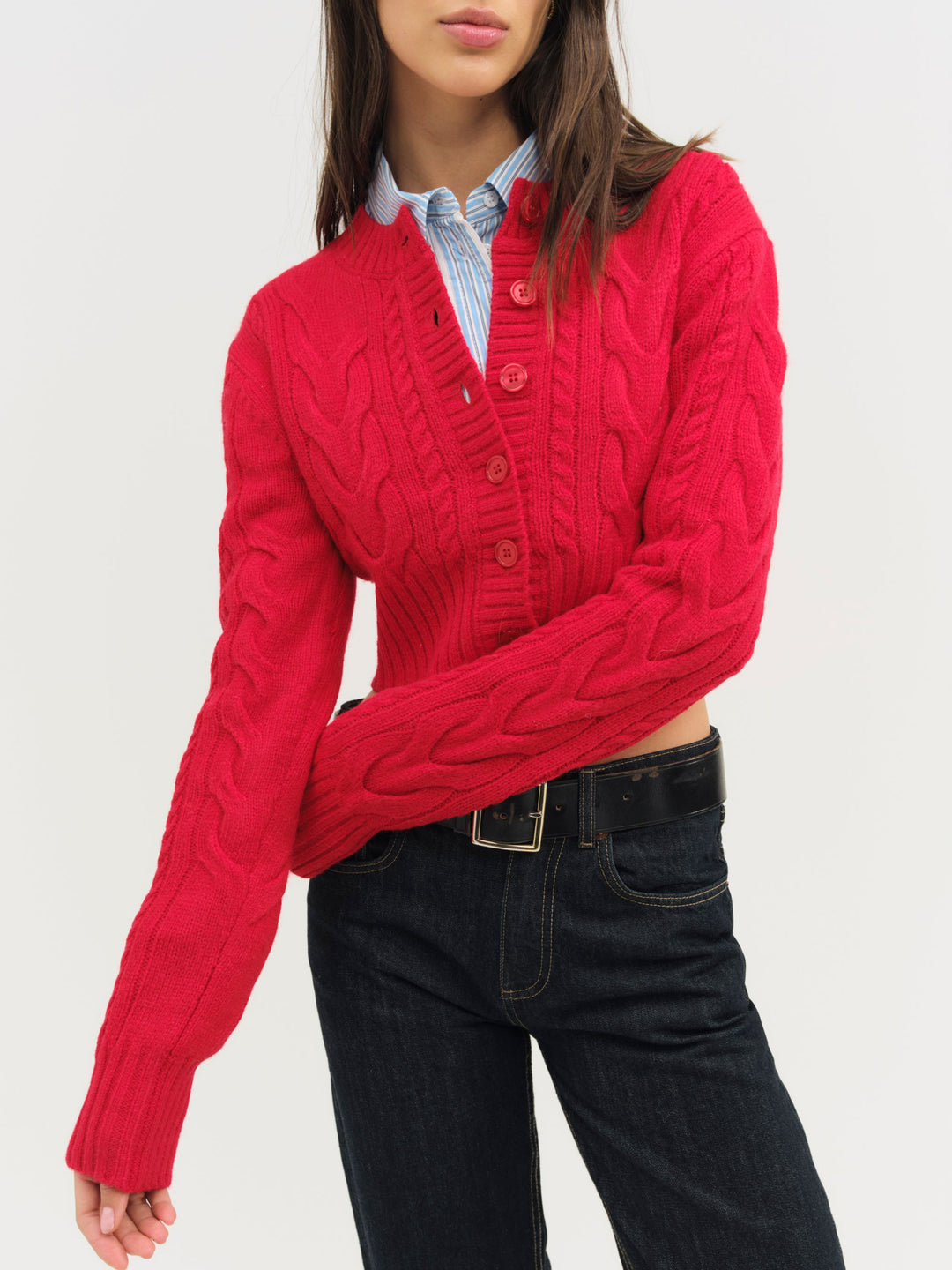 For Love and Lemons - Camille Cable Knit Cardigan - Red