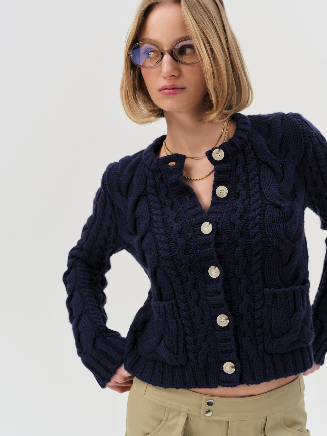 For Love and Lemons - Emily Cable Knit Cardigan - Navy