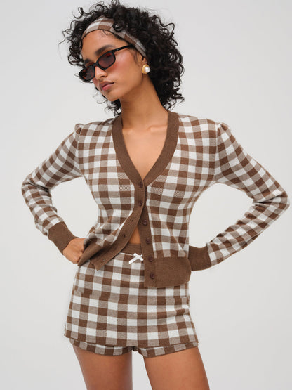 For Love and Lemons - Gingham Knit Skort - Brown