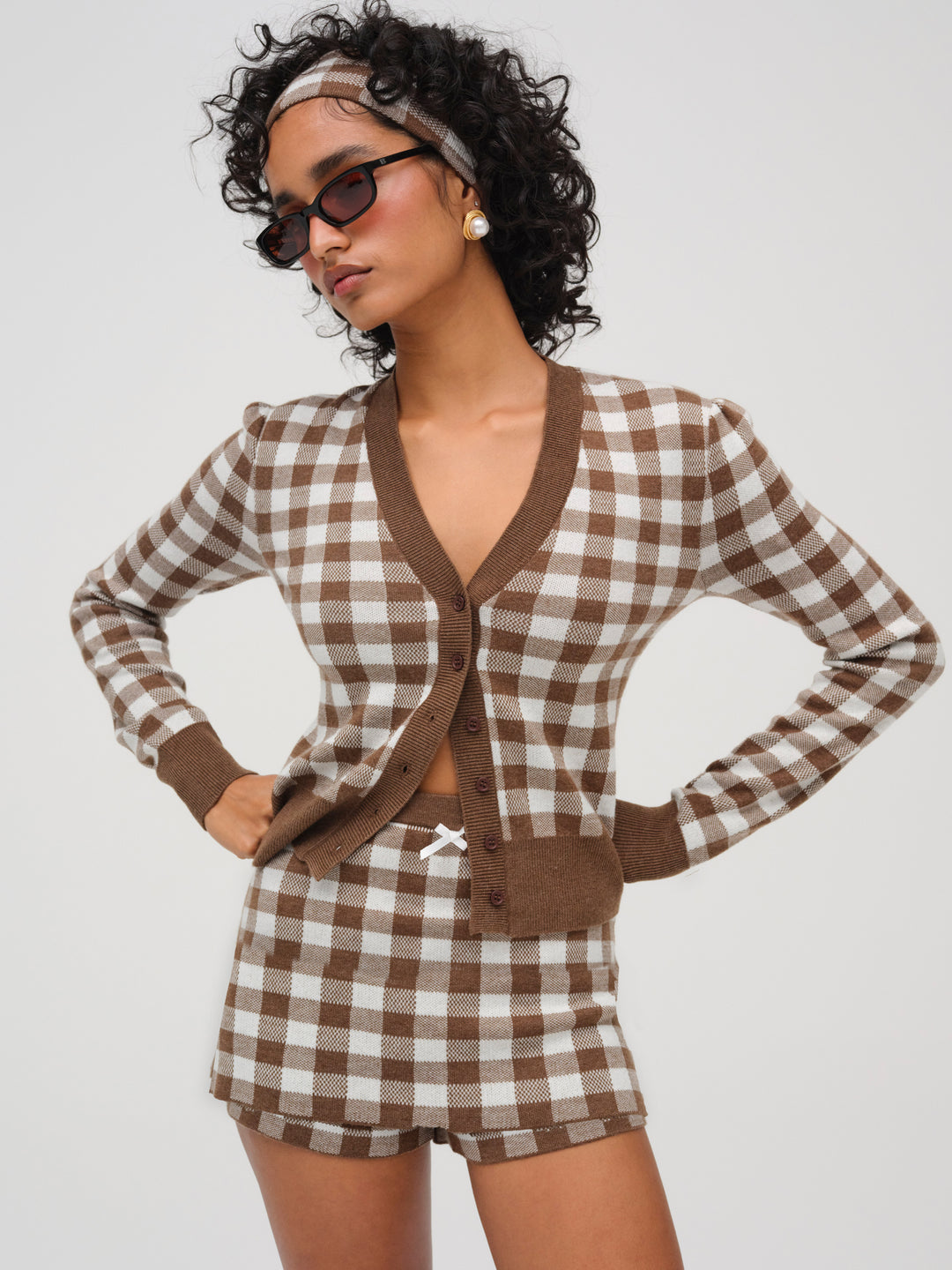 For Love and Lemons - Gingham Knit Cardigan - Brown