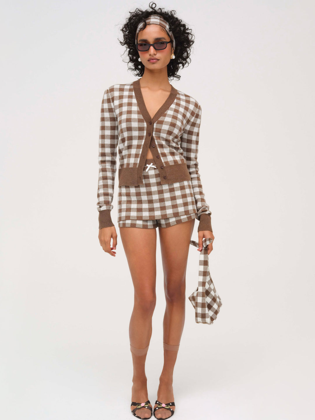 For Love and Lemons - Gingham Knit Cardigan - Brown