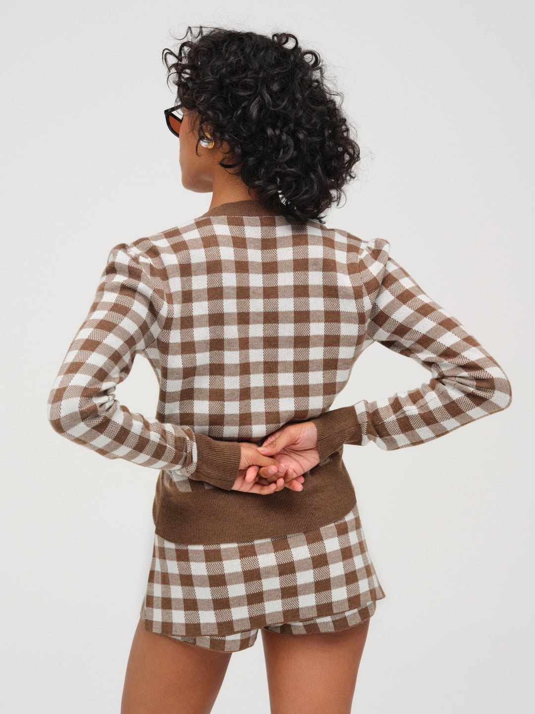 For Love and Lemons - Gingham Knit Cardigan - Brown