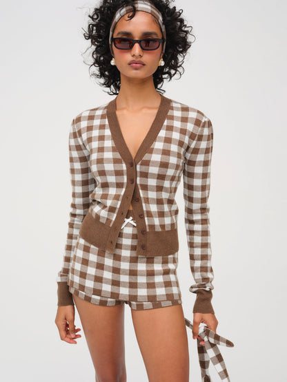 For Love and Lemons - Gingham Knit Cardigan - Brown