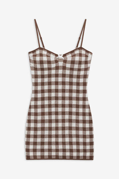 For Love and Lemons - Gingham Knit Mini Dress - Brown