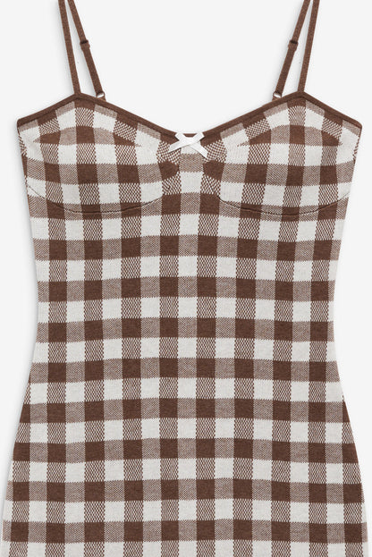 For Love and Lemons - Gingham Knit Mini Dress - Brown