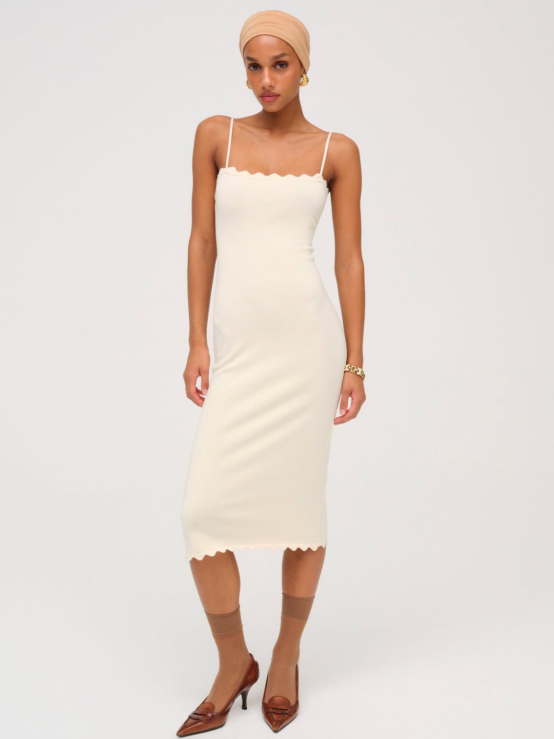 For Love and Lemons - Sisi Scallop Knit Midi Dress - Cream