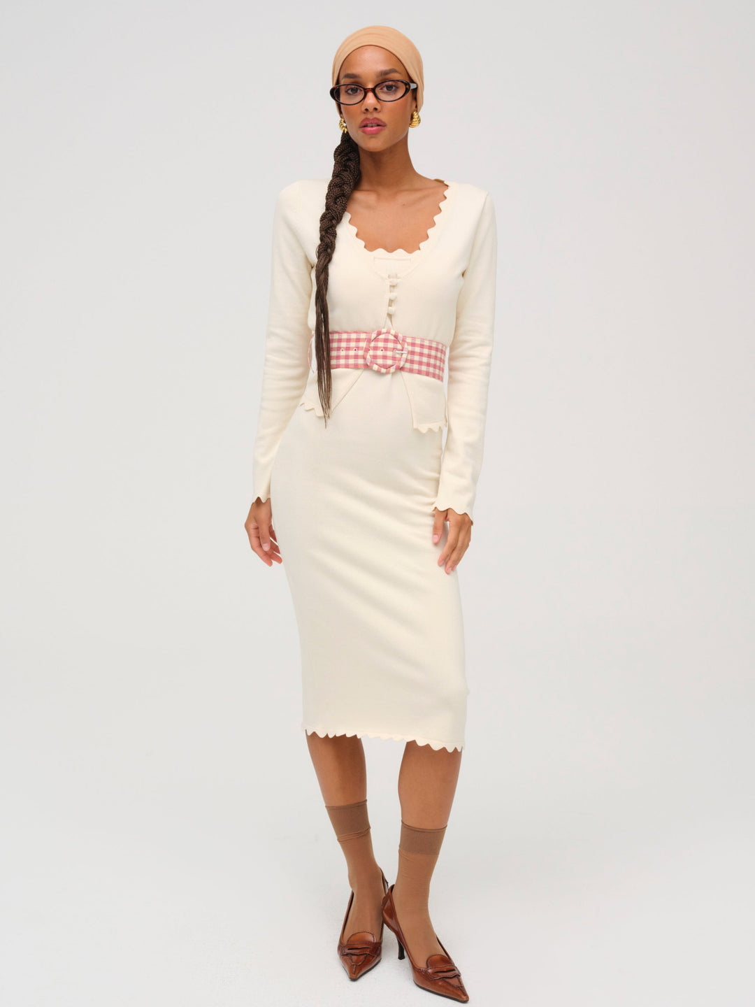 For Love and Lemons - Sisi Scallop Knit Midi Dress - Cream