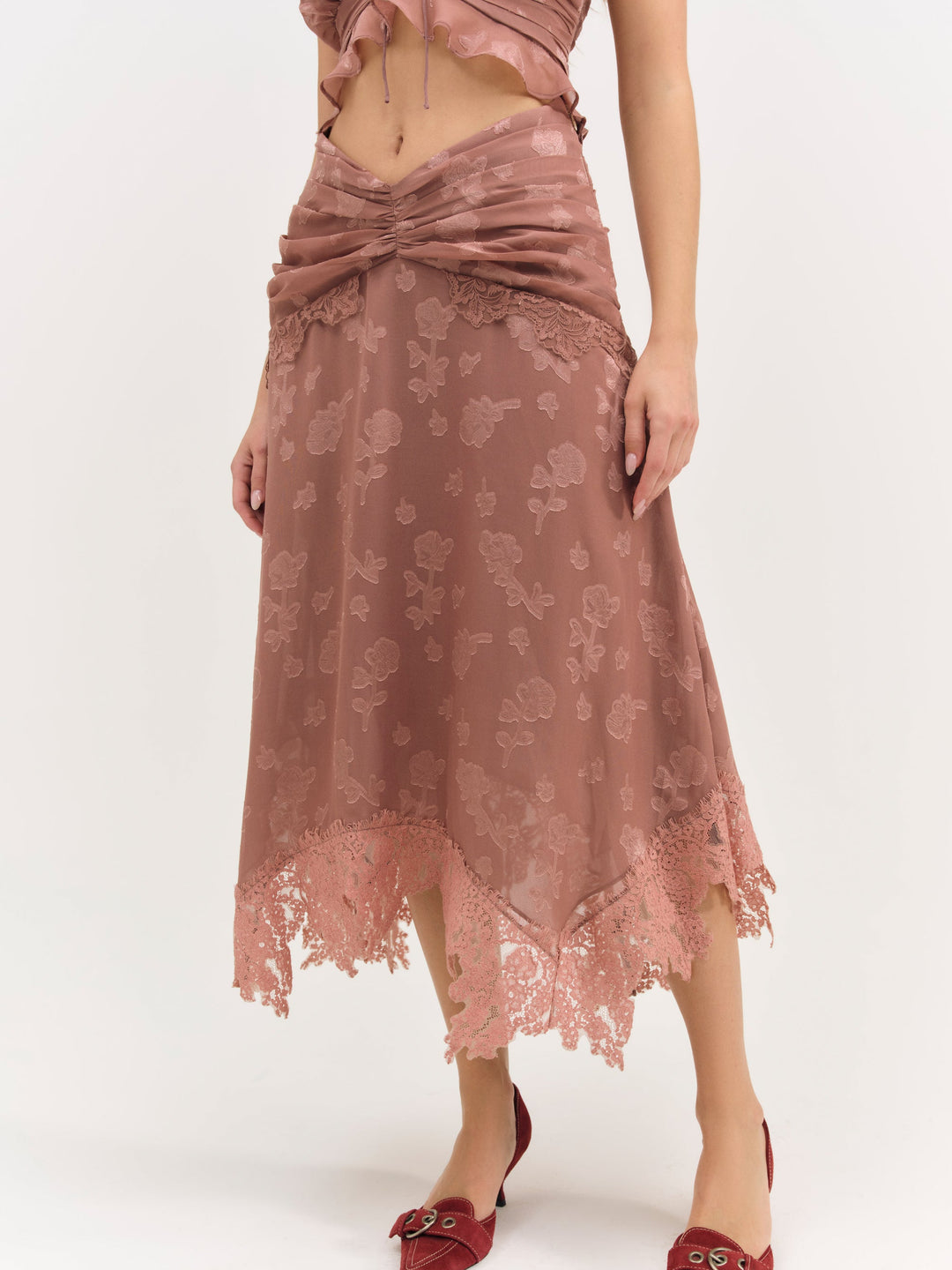 For Love and Lemons - Colette Satin Burnout Midi Skirt - Mahogany