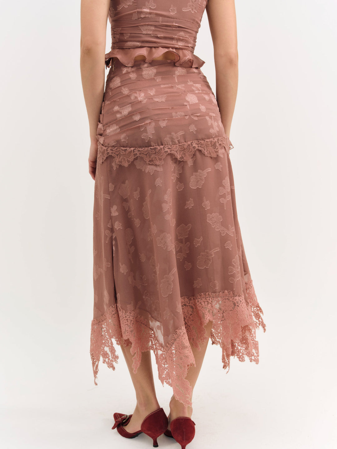 For Love and Lemons - Colette Satin Burnout Midi Skirt - Mahogany