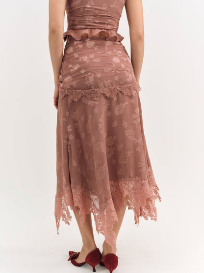 For Love and Lemons - Colette Satin Burnout Midi Skirt - Mahogany