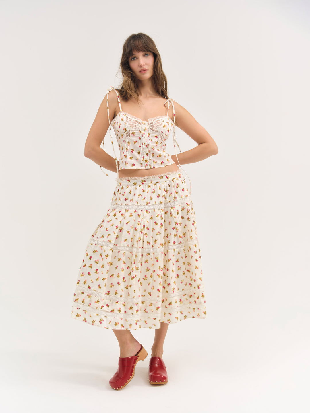 For Love and Lemons - Adahlia Floral Midi Skirt - Cream
